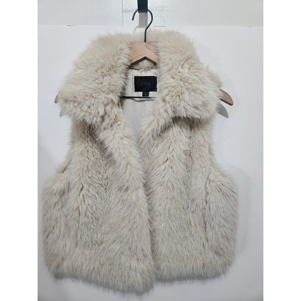 Zara Faux Fur‎ Vest Cream Beige Oversized Collar Medium 1255/726/721/M